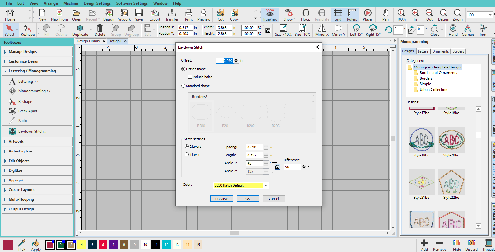 parameters for laydown stitch