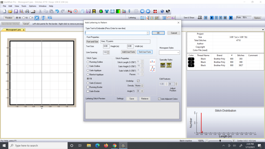 Window to add text to monogram in Sew What Pro
