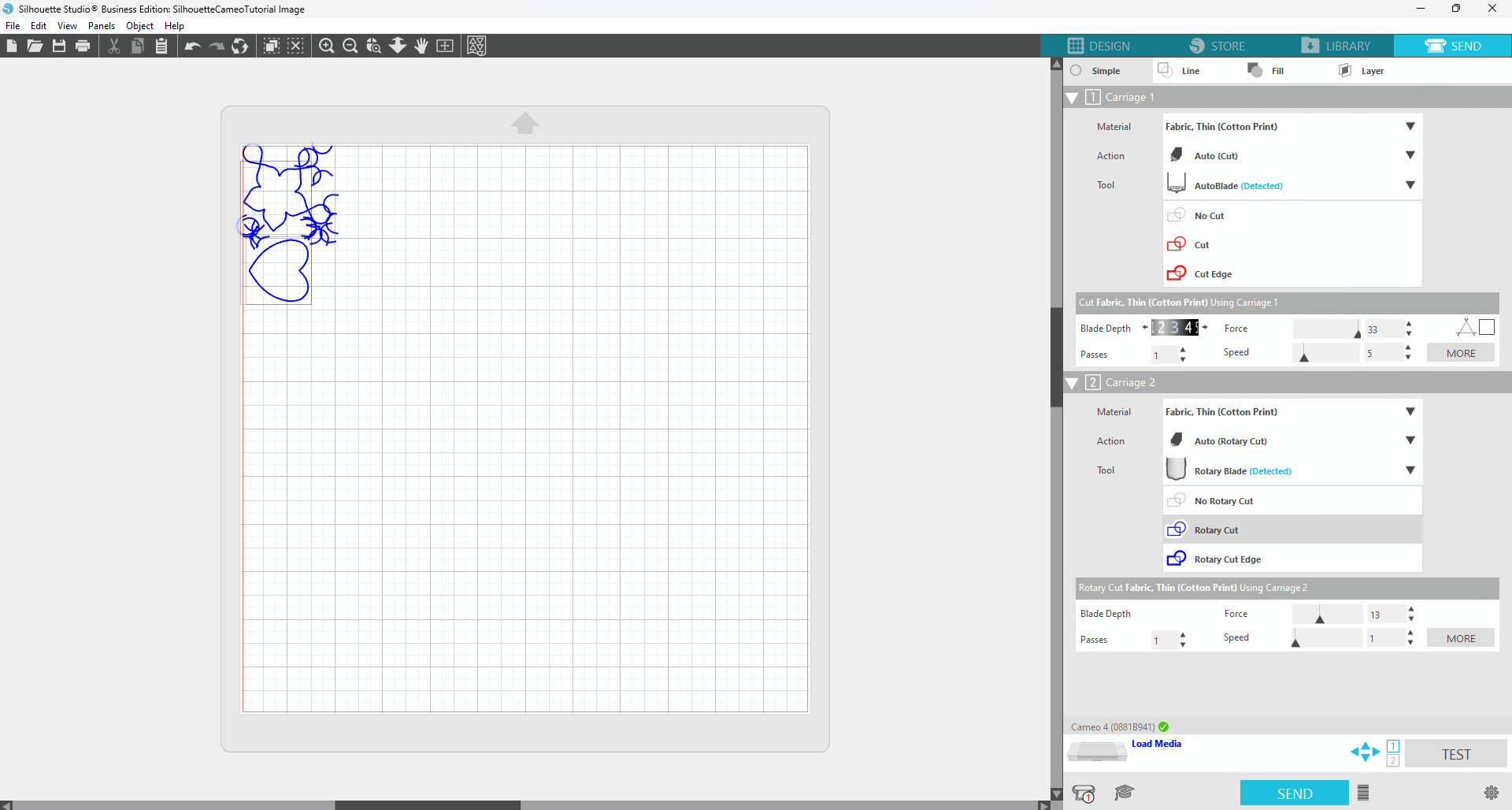 select rotary cut on carriage two if using a rotary cutter