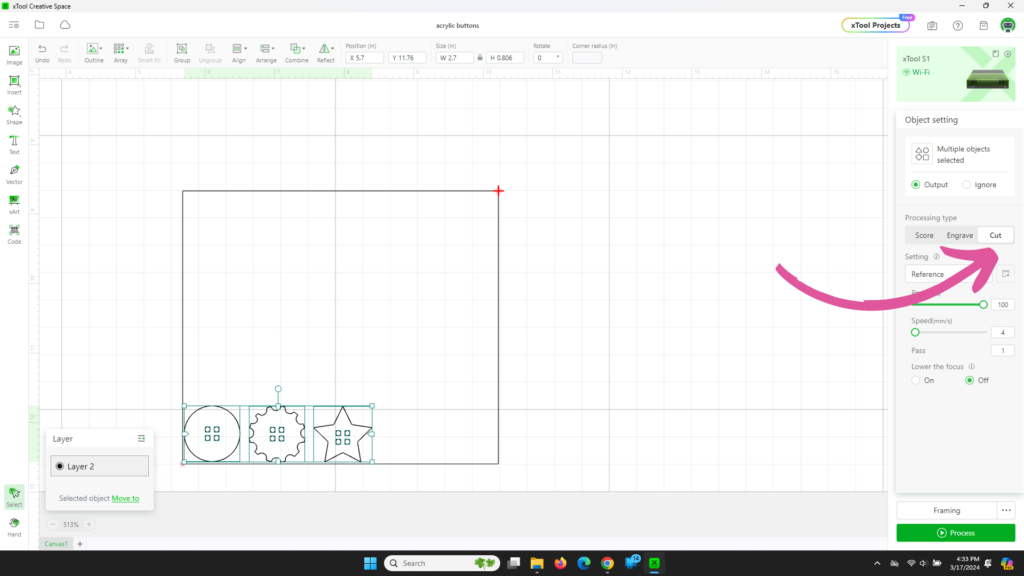 position cuts in the marked area